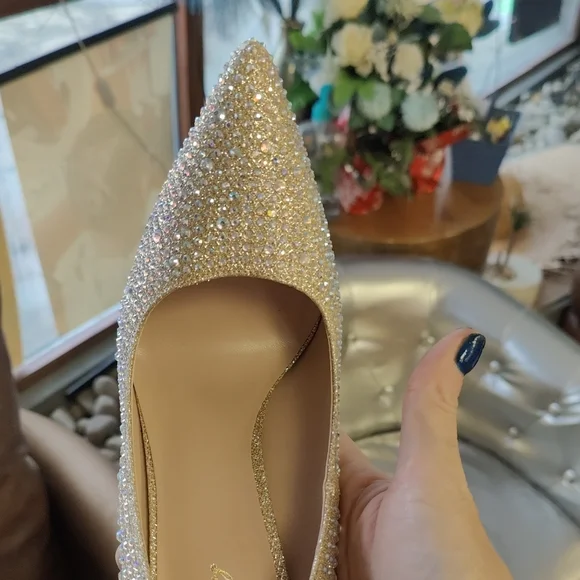 Crystal Embellished Ivory Pointed-Toe Stiletto Pumps - Picture 7 of 9